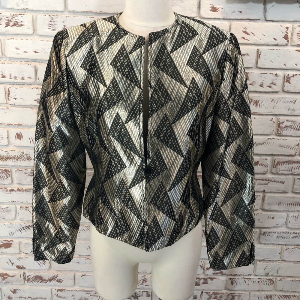 Jones New York Geometric Metallic  Cropped Jacket Holiday Glam NYE Retro